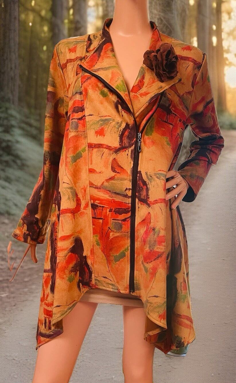 Faratelli Designer Jacket Orange Brown Red Size M Angled Hem Zipper Abstract